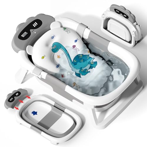Foldable dinosaur baby bathtub grey main lifestyle angle