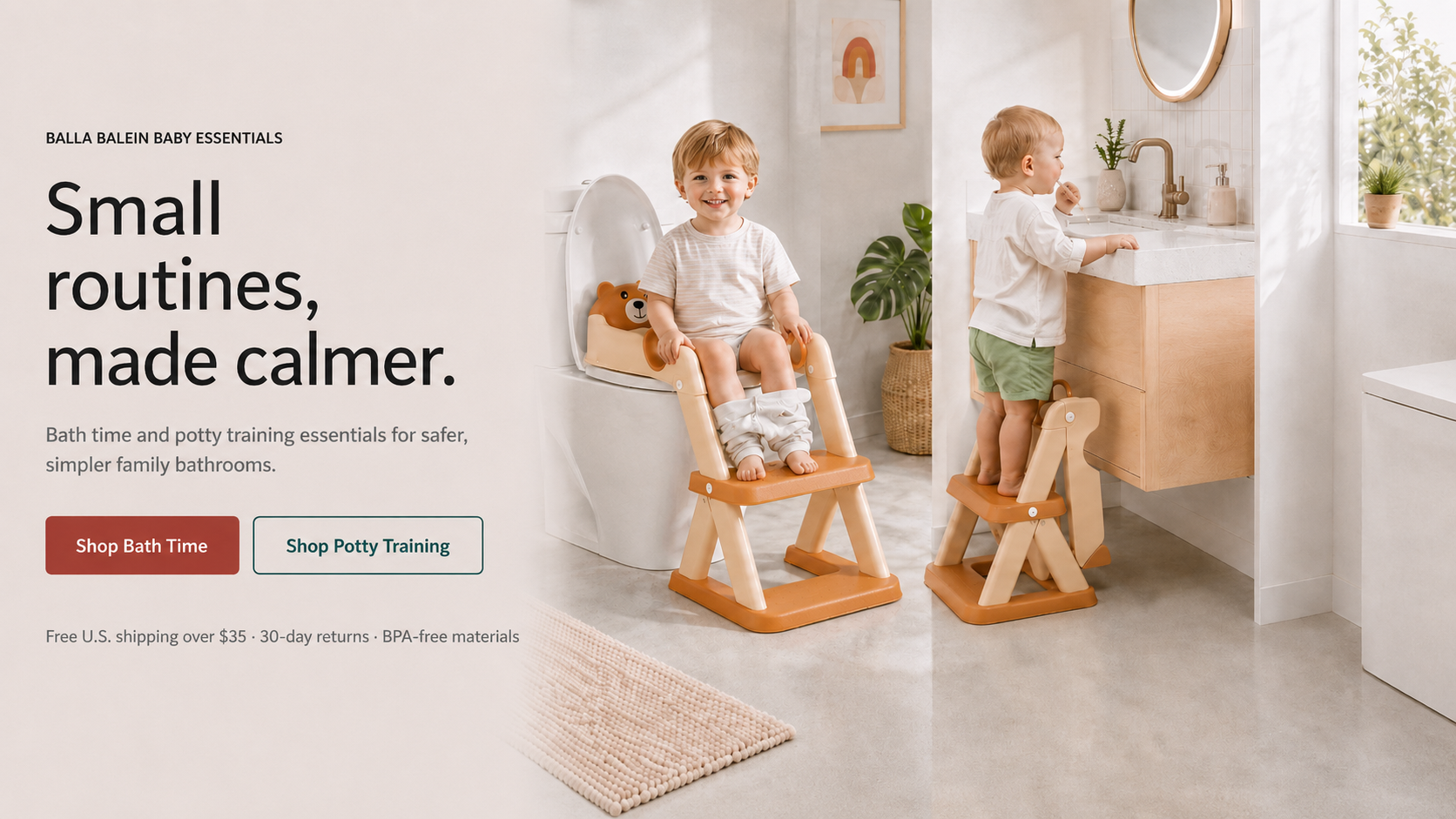 BALLA BALEIN homepage banner with baby bathroom essentials and bear potty training ladder